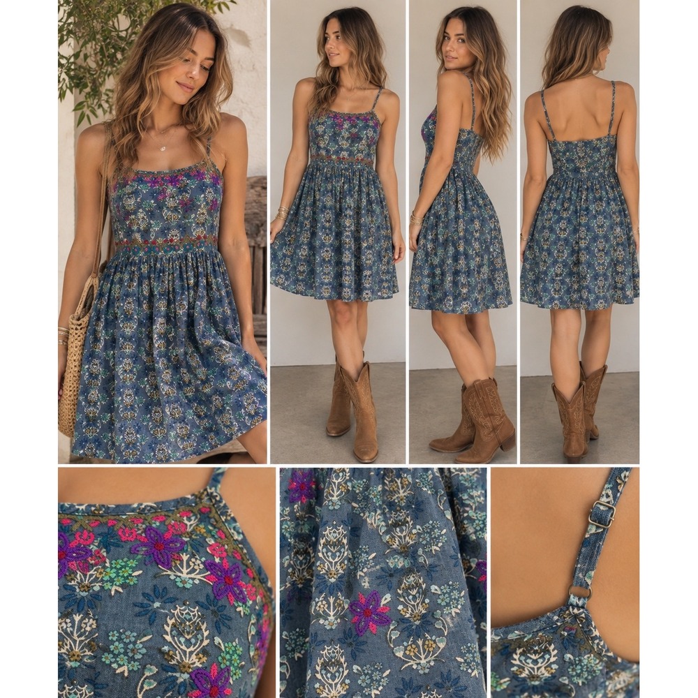 Natural Life Blue Floral Embroidered Boho Mini Dress Small Adjustable Straps